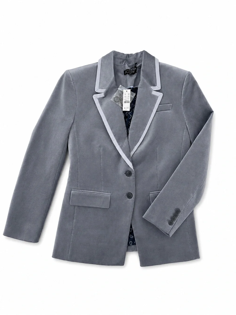 NWT J.Crew Madelyn Velvet Blazer Light Gray Blue Contrast Piping Size 2